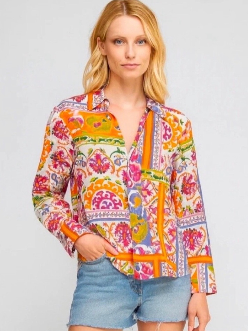 Calypso St.Barth Vibrant Multi-Color Printed Button-Up Blouse,cotton